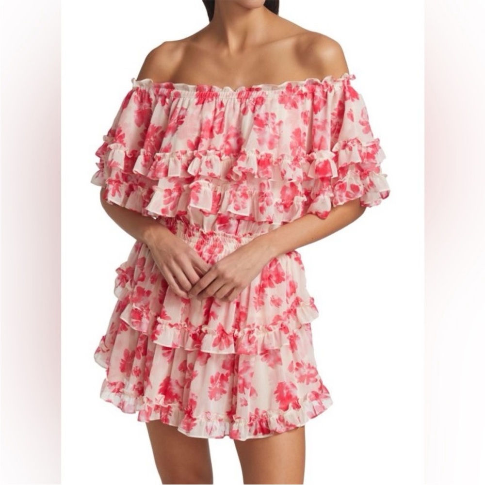 MISA LOS ANGELES Isella Floral Ruffle Georgette Mini Dress Pink White XS NWT